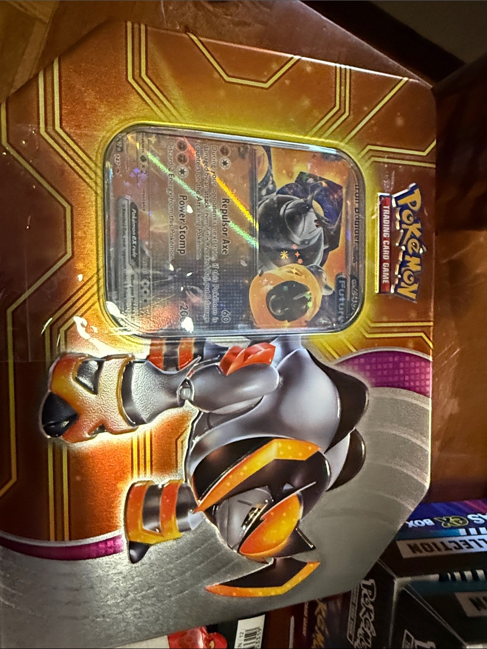 Pokemon Tin with Orange, Gold, Silver Artwork